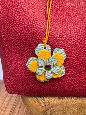 Leather Flower Bag Charm Blue Yellow Blue Flower Purse Charm Genuine Leather